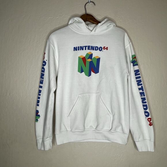N64 Nintendo 64 White Hooded Pullover Hoodie Sweatshirt Size Small FLAW - Picture 1 of 9